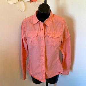 The North Face Womens Button Down Shirt Orange 100% Nylon Vapor Wick Logo Size S